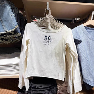 BM style white ballet shoes one-length neck off-shoulder top long-sleeved T-shirt bm new American hottie slim base shirt