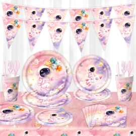 亚马逊新品粉色宇航员主题女孩生日派对餐具装饰品一次性拉旗横幅