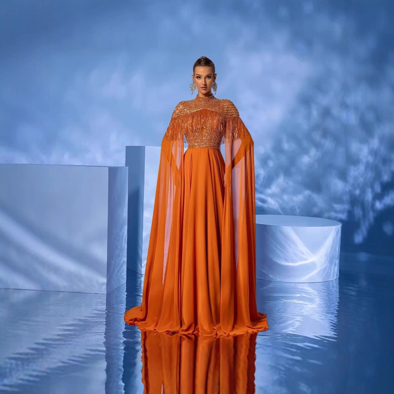 In-Stock 2025 European and American Fashion Women's Plus-Size Sequin Heavy Chiffon Dress with Cape Long Party Evening Gown