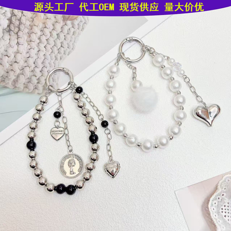 New Style Pearl Beaded Bracelet for Girls, Short Style with Pom-Pom Bow, Bag Charm, Phone Case Lanyard, Keychain