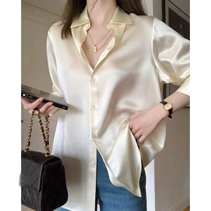 A large number of in stock spring and autumn French satin silk long sleeve shirt women's high-end shirt