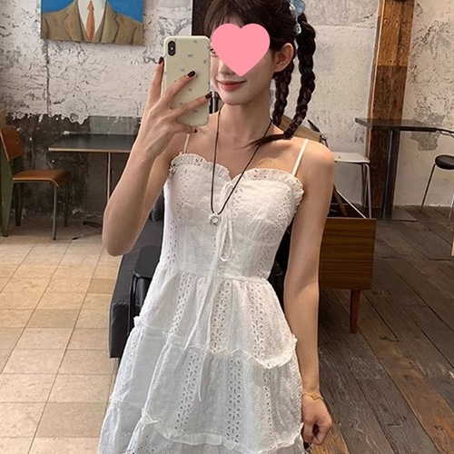 White lace strap dress for women, 2025 spring, can be worn as a layering piece, floral French ballet style dress