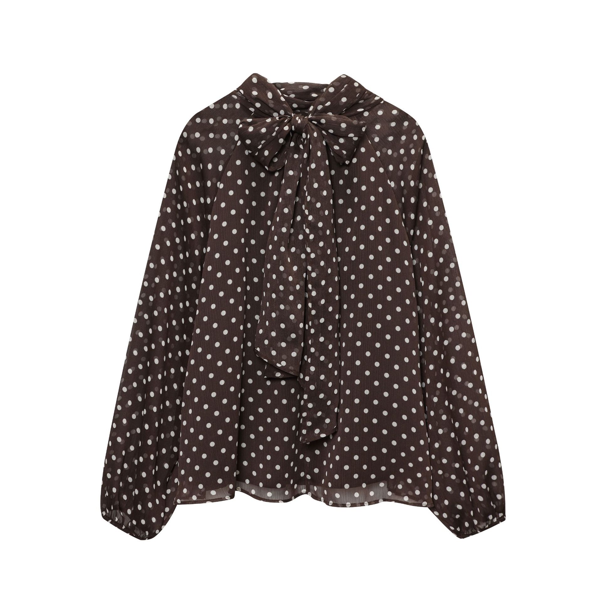 2025跨境欧美风娃娃领格子衬衫女春季蝴蝶蝴蝶结饰波点衬衫