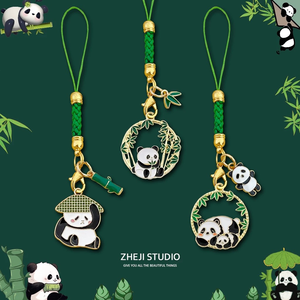 Chinese Style Panda Bamboo Woven Keychain Mobile Phone Rope Anti-lost Small Pendant Cute Commemorative Gift for Men and Women Couple