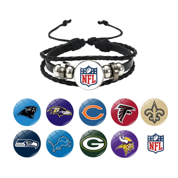 Cross-Border New Product Nfl American Football Team Logo Snap Bracelet Punk Style Multi-Layer Woven Leather Bracelet