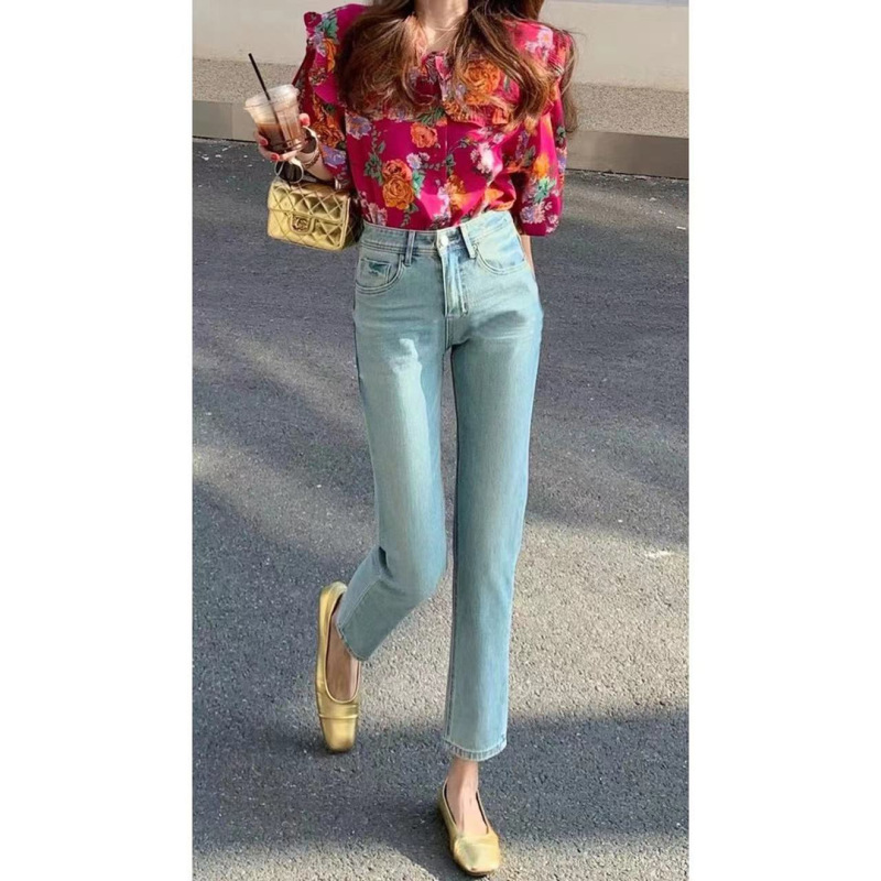 Li Girl Four-Way Stretch Tiffany Blue Easiest for Match Baguette Pipe Pants High Waist Straight-Leg Jeans Women's Autumn New Style