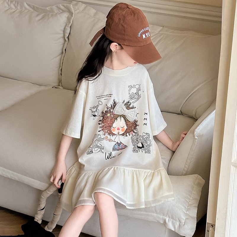 Girls Dress Summer 2025 New Style Children's Cartoon T-Shirt Dress Women's Big Children's Clothing Thin Korean Style Skirt