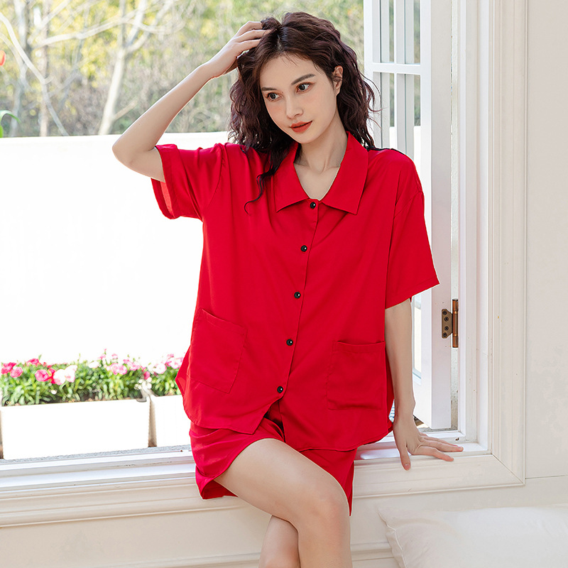 Estilo francés sexy espalda hielo y nieve suave seda Pijamas Mujer primavera y verano delgada manga corta pantalones cortos pequeño cuello cuadrado homewear