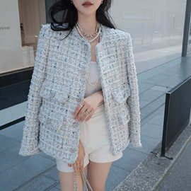 2025秋冬编织格子羊毛呢圆领短外套名媛气质宽松粗花呢外套2156