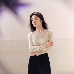 特大码胖MM拼接蕾丝领打底衫女新款内搭秋冬长袖恤洋气小衫上衣