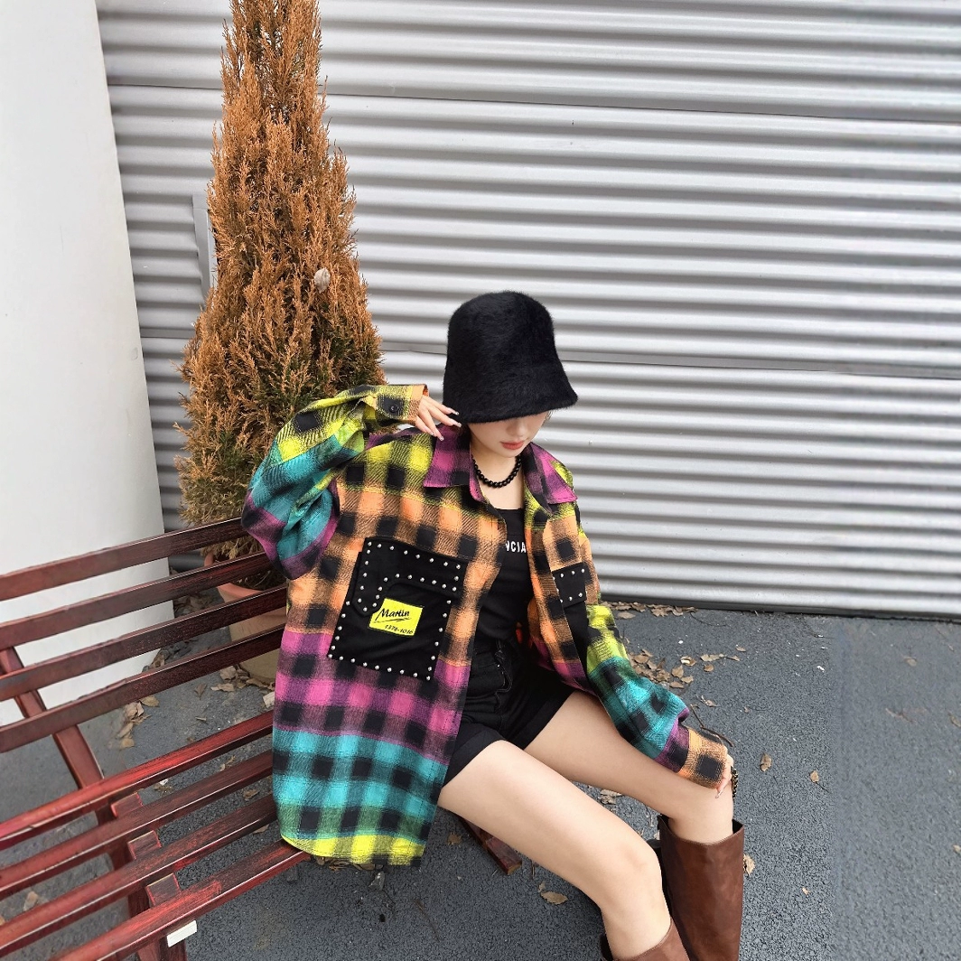 Осень 2024 новый клетчатый рубашка женская мода свободная повседневная персонализированная печать большая версия с длинными рукавами женская куртка