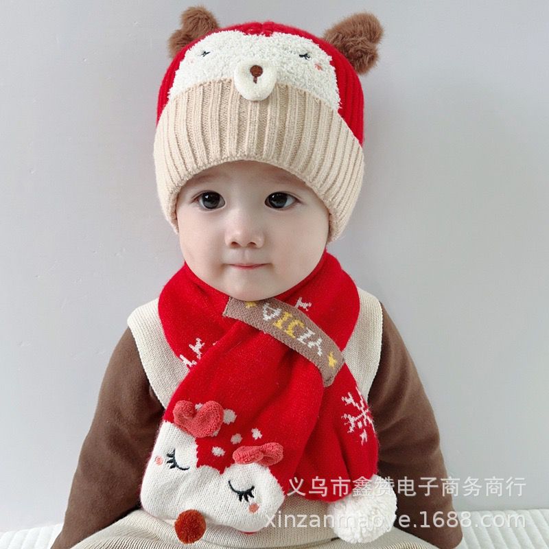宝宝帽子秋冬季韩版可爱两件套保暖护耳防风围巾男女毛线针织圣诞|ms