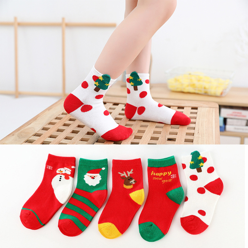 Cross-Border Hot-Selling Kidsren's Christmas Socks for Women in Autumn and Winter Small, Medium and Large Boys' Festive Red Christmas Socks Baby Socks