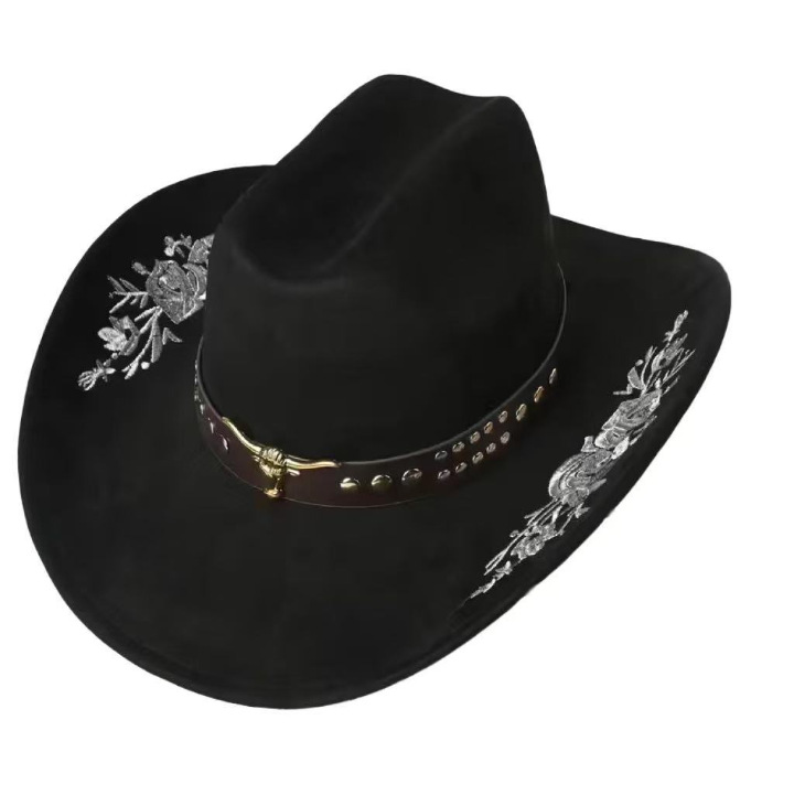 Retro Embroidered Suede Cowboy Hat For Men With Wide Brim Vintage Top Hat With Bull's Head Belt_voghion.com