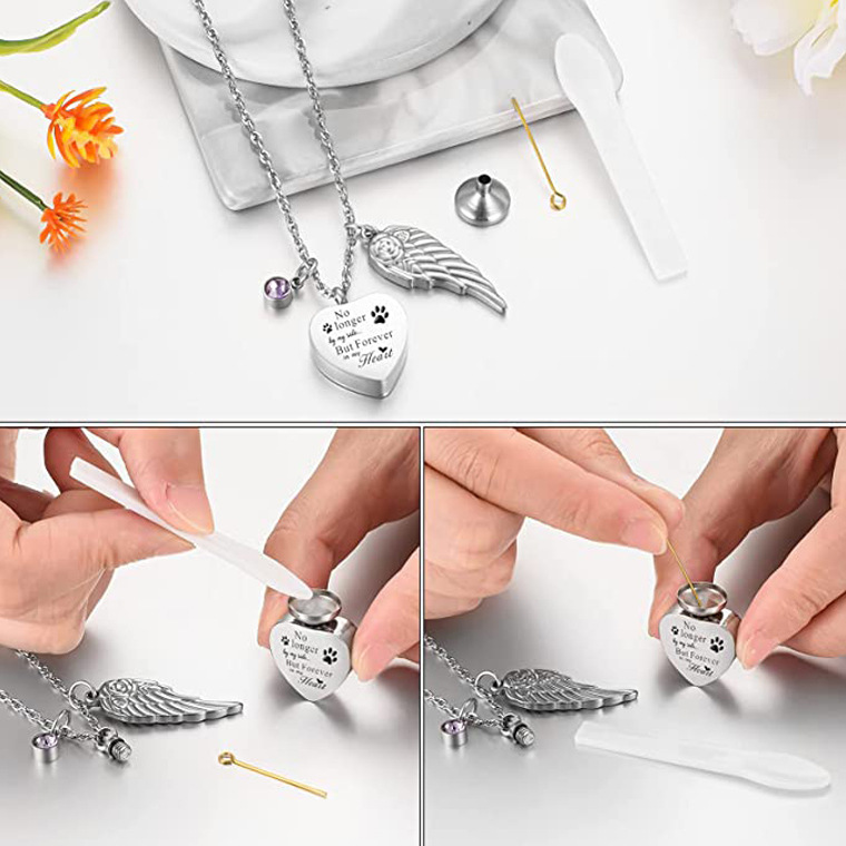 Moda nuevo producto conmemorativo parientes collar de mascotas con cenizas cabello perfume colgante de acero inoxidable en forma de corazón collar de alas