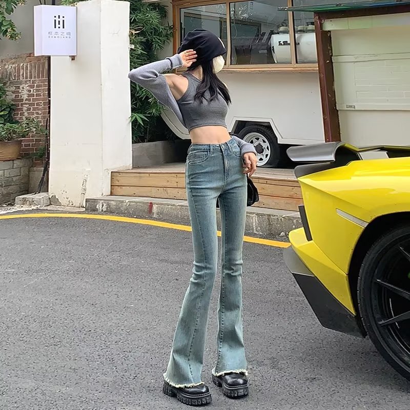 Vintage Blue Micro High-Waist Jeans Women's Stretch Slim-Fit Slimming Spice Girls Straight Loose Wide-Leg Burr-Edge Flared Pants Vintage Blue Micro High-Waist Jeans Women's Stretch Slim-Fit Slimming Spice Girls Straight Loose Wide-Leg Burr-Edge Flared Pants