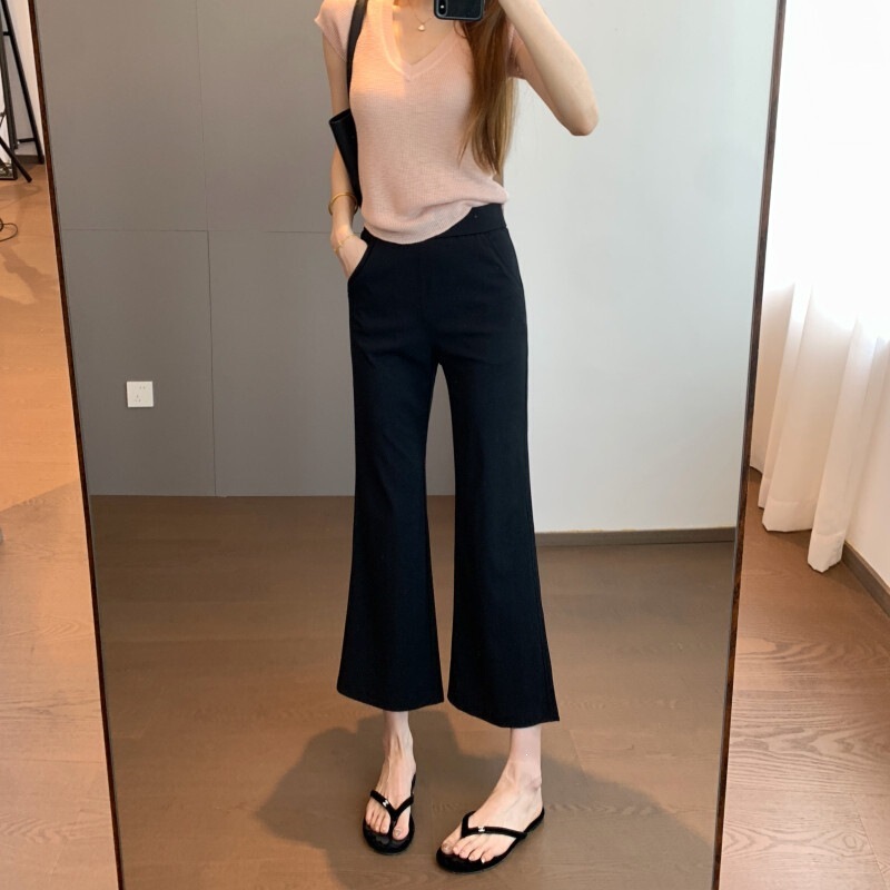 Three-Dimensional Tailoring, Ice-Feel Cotton Fabric, Lightweight and Breathable, Wide Elastic Waistband, Slightly Flared, Cropped Black Pants, New for Summer Three-Dimensional Tailoring, Ice-Feel Cotton Fabric, Lightweight and Breathable, Wide Elastic Waistband, Slightly Flared, Cropped Black Pants, New for Summer