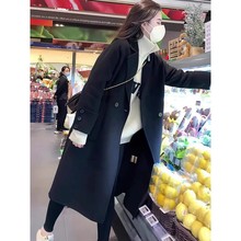 黑色西装呢子大衣女中长款2023年冬季新款韩版赫本风加厚毛呢外套