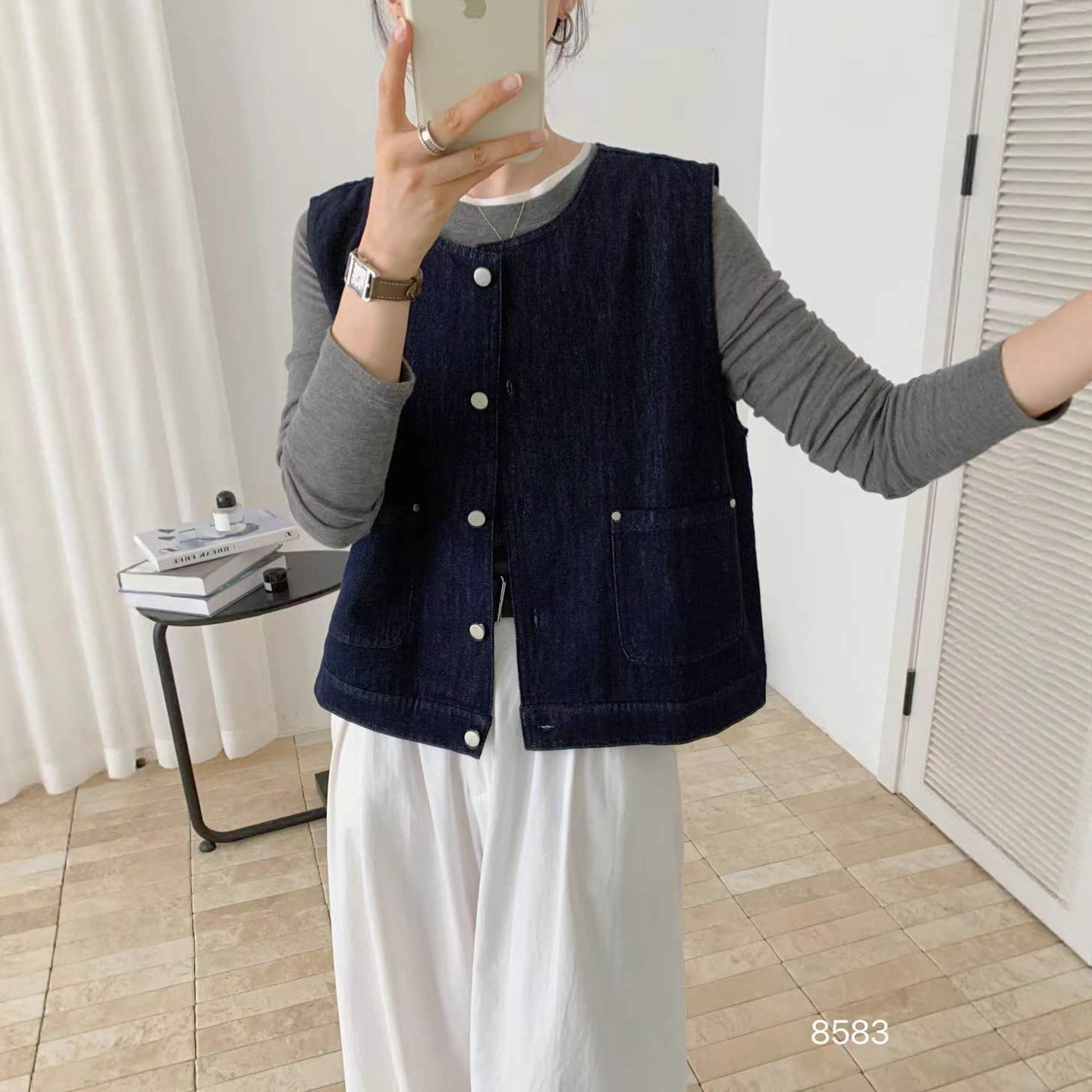 8583 Retro Layered Round Neck Sleeveless Denim Vest for Women Summer Outer Wear Small Short Waistcoat Vest Jacket