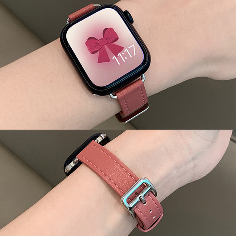Suitable for Apple Watch Strap Full Series Available Fashion Pin Buckle Solid Color 14mm Slim-fit Small Waist Apple Watch Strap Leather