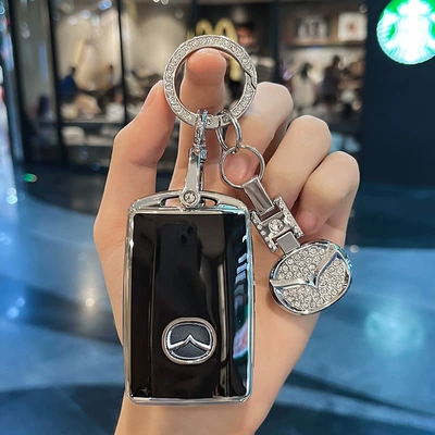 Key Cover Protective Buckle | Car key bag - type-c-three-button-black-key-cover-diamond-car-logo