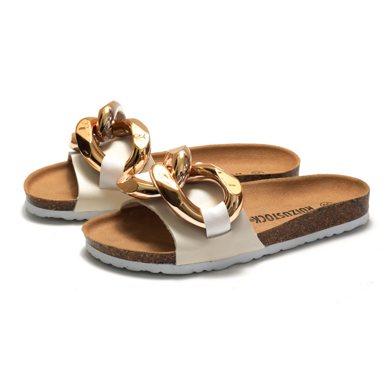 Rui foot summer new cross-border women's cork slippers metal ring water pine casual breathable beach sandals leather