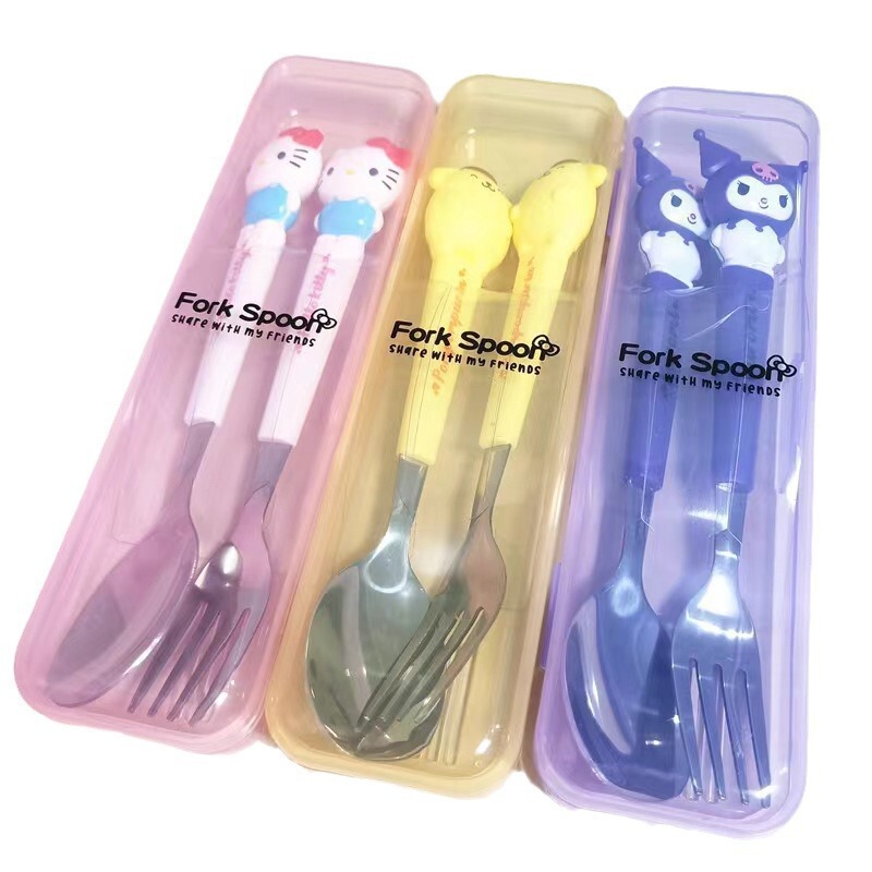 2025新型学生クロミハンドル携帯アニメ子供食器2点セットステンレス食器フォークスプーン|undefined