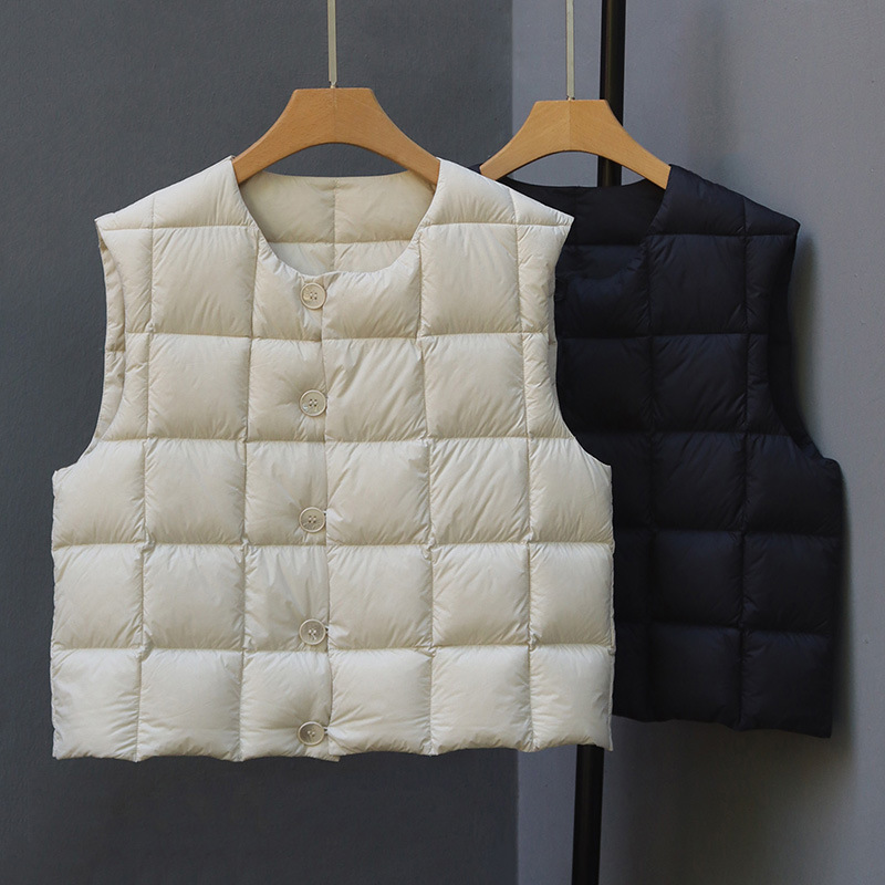 Round Neck Checkered Fashionable Short Style White Duck down Vest Sleeveless Vest Autumn and Winter New Outwear for Women