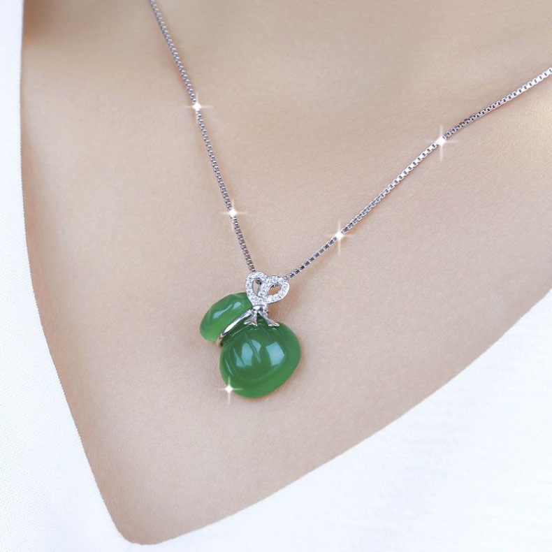 Dây chuyền bạc sterling nữ mặt dây chuyền đá chalcedony hình hạt đậu bốn mùa chi tiết 7