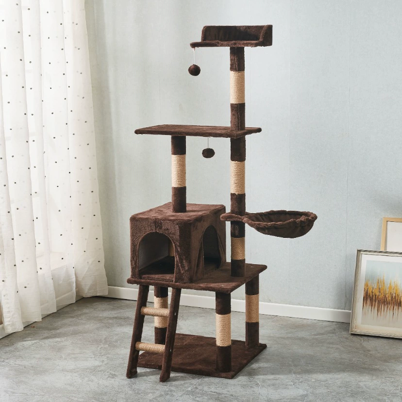 Velvet Cat Climbing Tree, Multi-Level Space-Saving Cat House with Hammock, All-Seasons