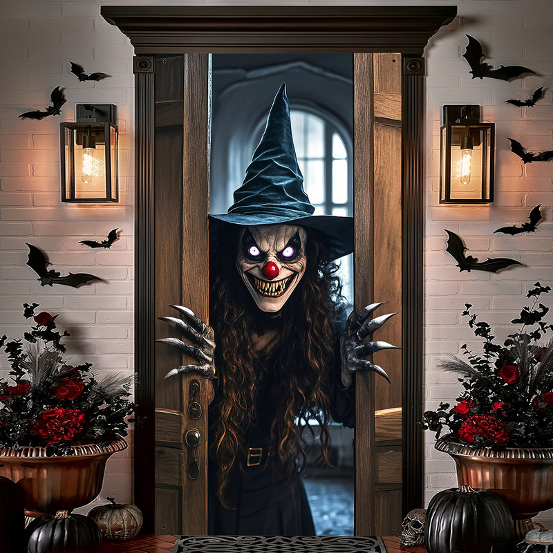 Cross-Border Halloween Door Curtain Decorations Halloween Backdrop Banner Horror Atmosphere Decoration Witch Skull Door Cover