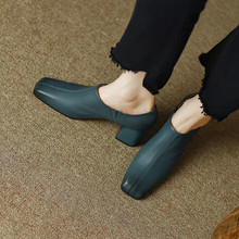 歐洲站女鞋2022秋季羊皮方頭時尚正裝裸靴高跟鞋粗跟藍色窩窩鞋女