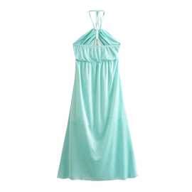 外贸批发欧美风2024夏季新款女装水蓝色系带挂脖度假风沙滩连衣裙