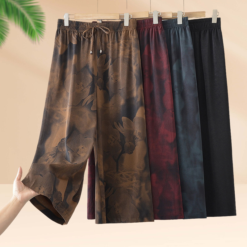 Summer Thin Wide-Leg Pants for Middle-Aged Moms, Drapey Cropped Pants, Loose Casual Pants for Middle-Aged and Elderly Women, Ice Silk Pants