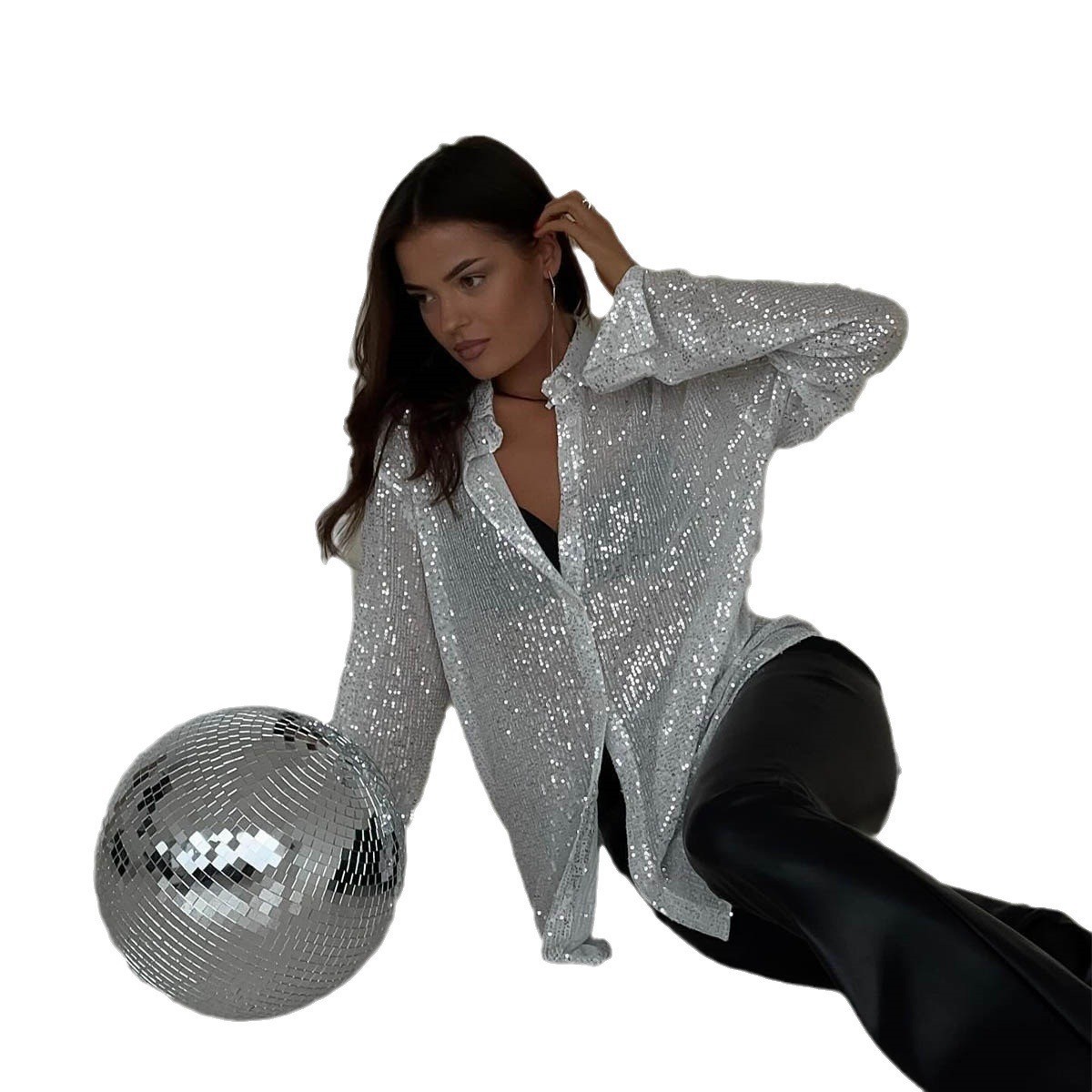 2025 Spring Summer New Sequin Top Turn-down Collar Long Sleeve Cardigan Basic Women's Shirt Jacket_voghion.com