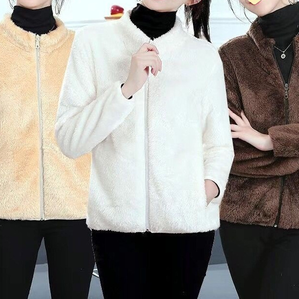 Outdoor Fleece Women's Cardigan Double-Sided Fleece Stand Collar Jacket Soft Shell Jacket Inner Lining Thickeneded Warm Plush Jacket