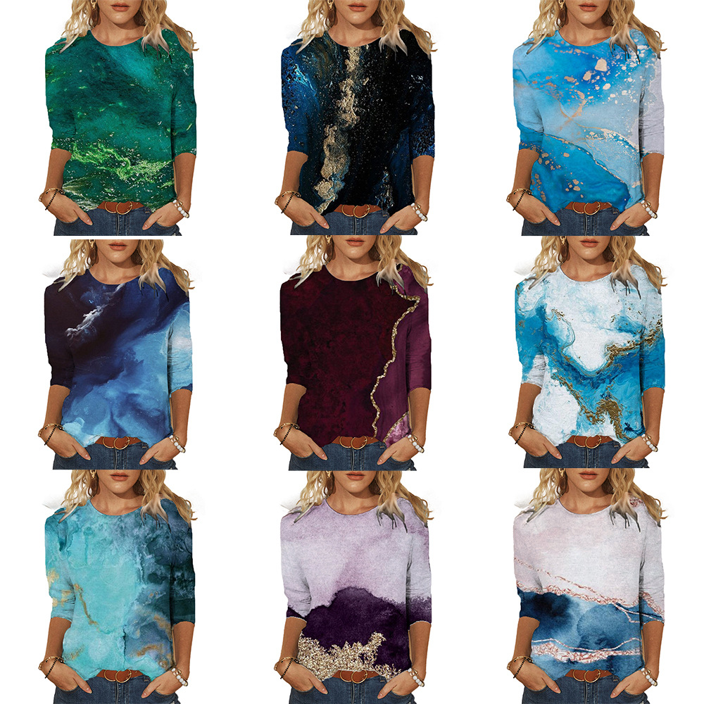 2024 亚马逊EBAY春夏新款山水画定位印花七分袖针织衫女上衣现货