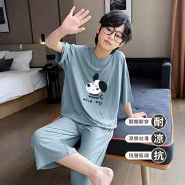 夏季新款儿童莫代尔睡衣中大童家居空调服薄款短袖男童七分裤套装
