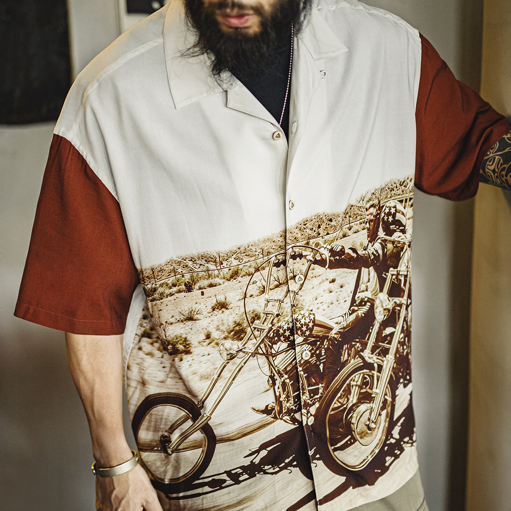 Maden Workwear American Retro Contrasting Color Cuban Collar Shirt Draped Full Print Shirt Thin Short-Sleeved Jacket Men's Summer