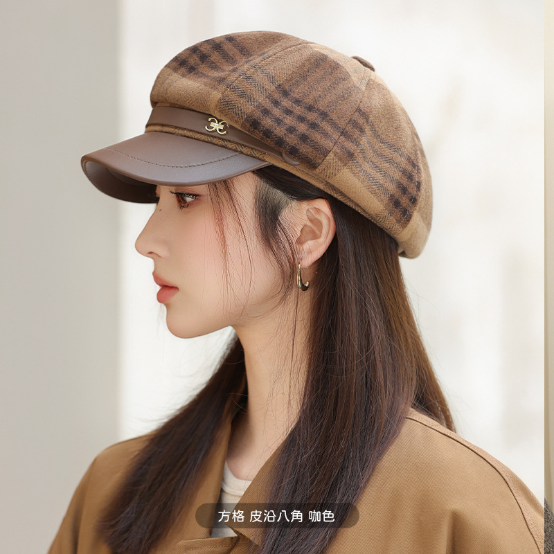 2025新款皮檐拼接韩版格子八角帽女秋冬季时尚休闲百搭鸭贝雷帽子|undefined
