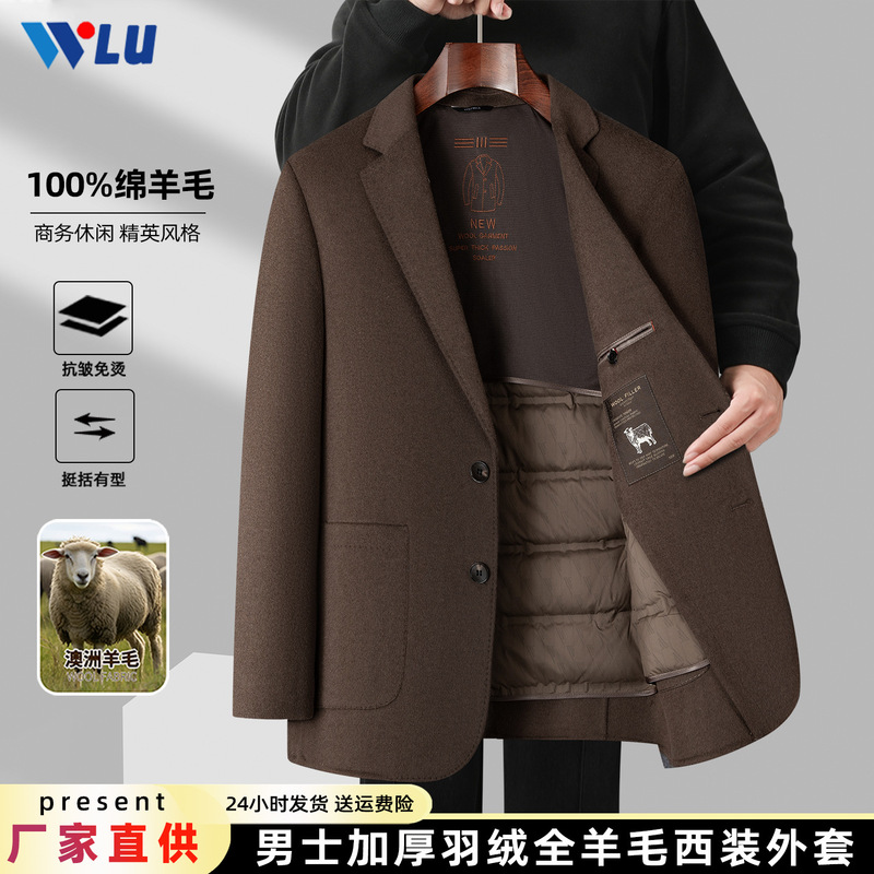100% Pure Wool Suit 2025 Autumn and Winter Thickened down Jacket for Dad Men's Woolen Coat Suit Jacket