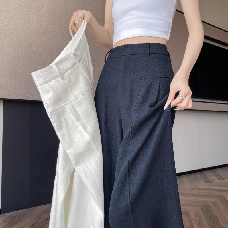 白色天丝亚麻阔腿裤女秋2025新款薄款冰丝直筒宽松休闲西装拖地裤|undefined
