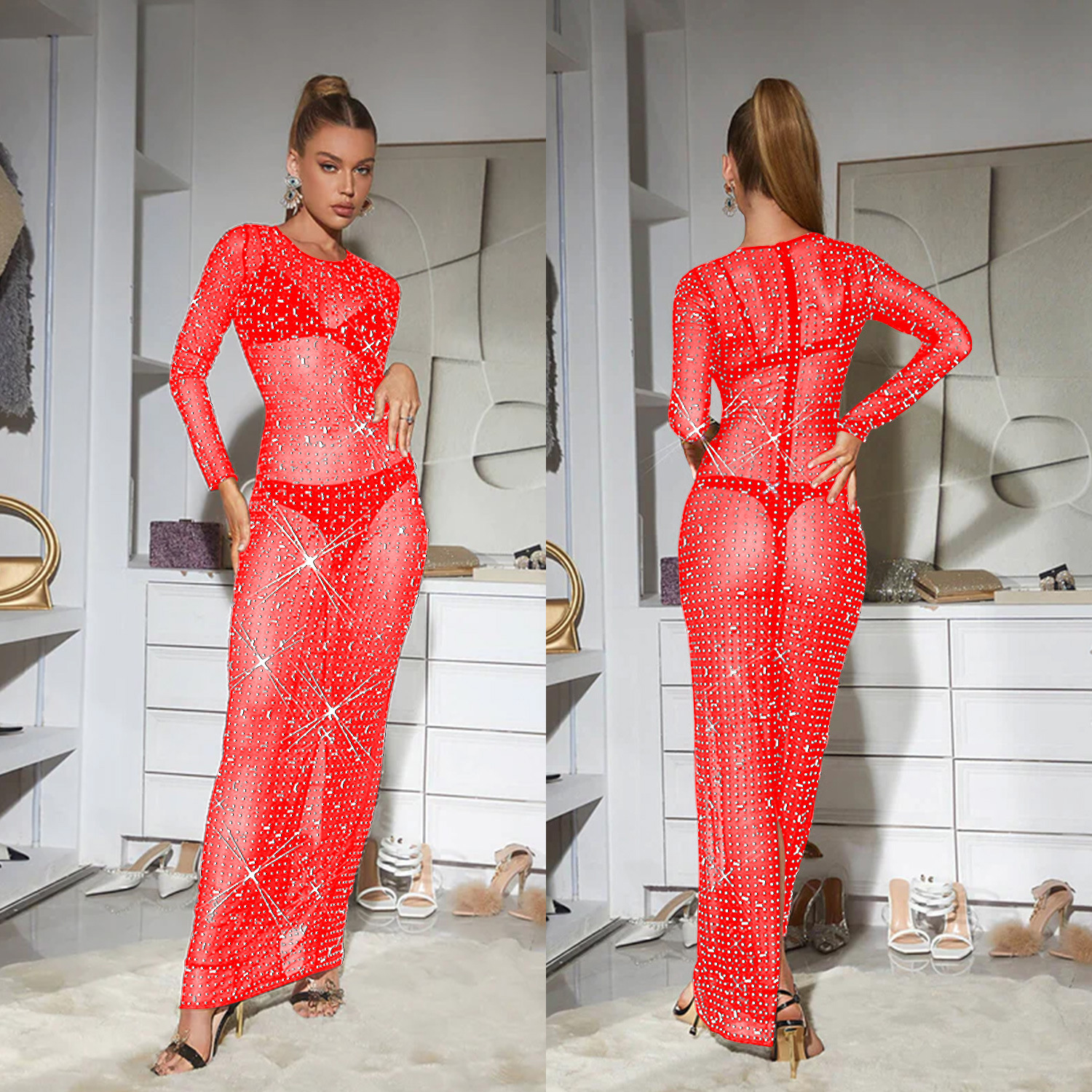 C6505 transfronterizo AliExpress Amazon Europa y América de las mujeres de moda de color sólido malla rhinestone Vestido de manga larga vestido image 4