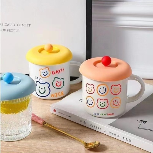 Silicone Cup Cover Food-Grade Cartoon Creative Silicone Cup Cover Dustproof and Leakproof Tea Cup Water Cup Lid Cute