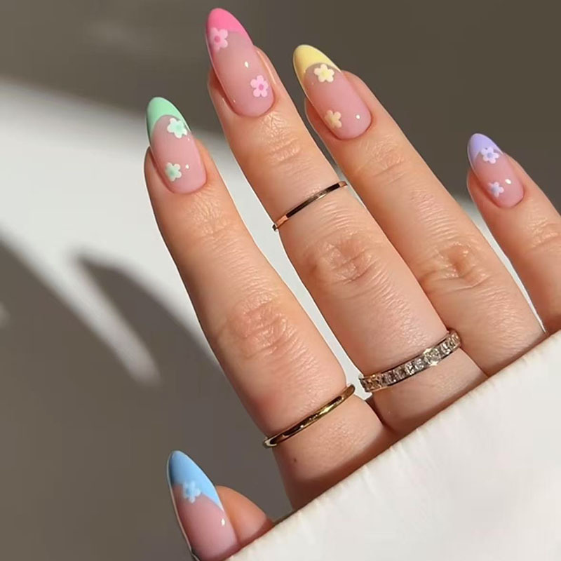 Wearable Nails 24 Pieces Almond Colorful French Flower Design Nail Patch Finished Product Removable Wearable Manicure