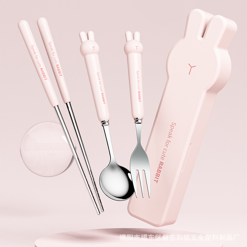 Ins Style Outdoor Convenient Tableware Cartoon Tableware for Students and Office Students 304 Stainless Steel Spoon, Fork and Chopsticks Tableware suit