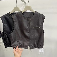 韩系简约休闲圆领修身皮衣马甲女2025秋季新款复古短款马夹上衣