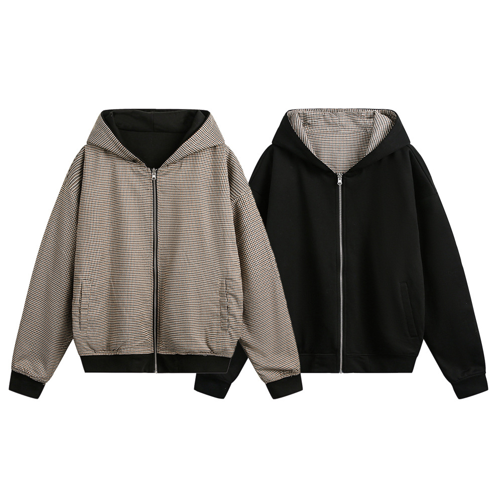 Felpa con cappuccio reversibile, unisex, primavera autunno, casual, ampia e versatile, a quadri, corta, da indossare in due modi._voghion.com