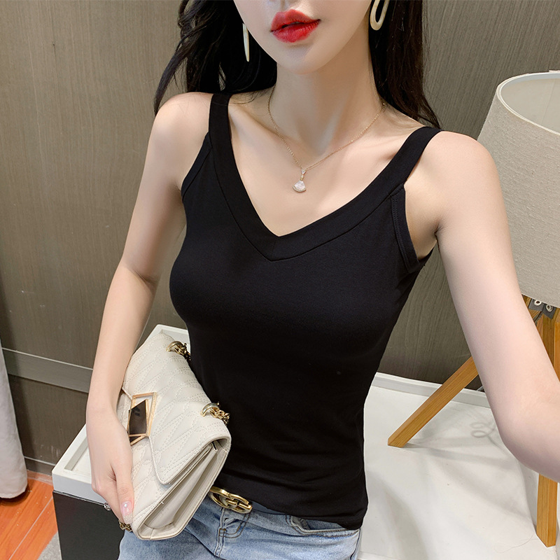 Black camisole vest for women, pure cotton top, new summer style, tight-fitting V-neck base layer, sexy backless and slimming.