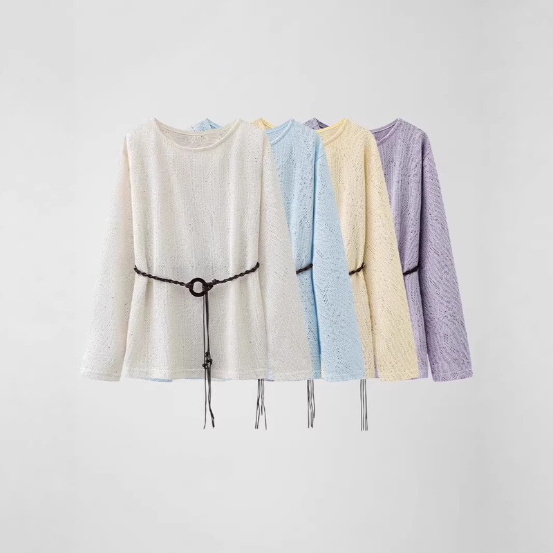 Sequin Hollow-Out Long-Sleeve 2026 New Spring Loose Waist-Tie Blouse Base Shirt Long-Sleeve Top for Women Sequin Hollow-Out Long-Sleeve 2026 New Spring Loose Waist-Tie Blouse Base Shirt Long-Sleeve Top for Women